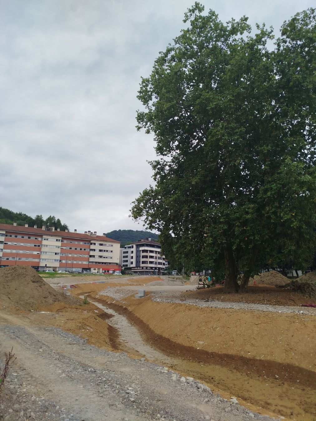 Pontika auzoko Barandiaran parkearen lanak, bertan auzoko etxeak platano do handi bat eta azaleratutako Pekin errekaren ubide berria ikusten dira.