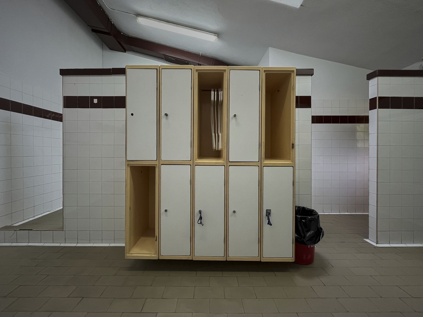 Aldagela baten argazkia. Ezkerrean dutxarako sarbidea, erdian armairuak, eta eskuman aldagelarako sarbidea. Ez dago jenderik.